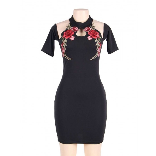 Rose Embroidery Black Mini Bodycon Dress