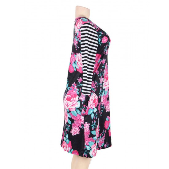 Stripe Raglan Sleeve Black Floral Print Dress