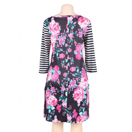 Stripe Raglan Sleeve Black Floral Print Dress