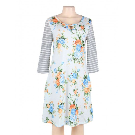 Blue Floral Print Stripe Raglan Sleeve Dress