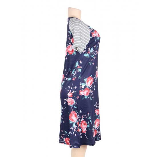 Floral Print Navy Blue Backdrop A-line Loose T-shirt Dress