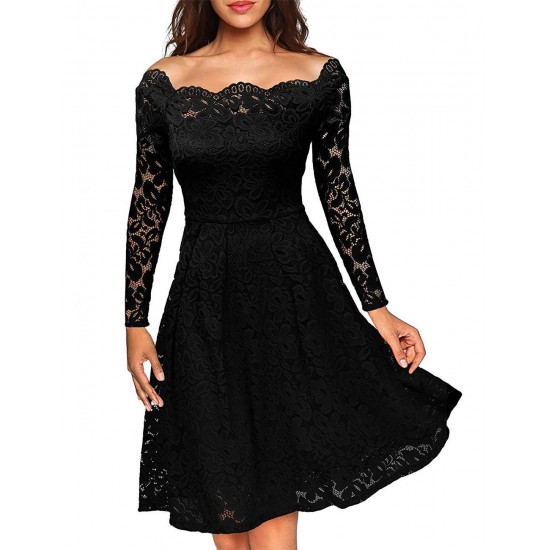 Plus Size Black Lace Long Sleeve Off Shoulder Dress