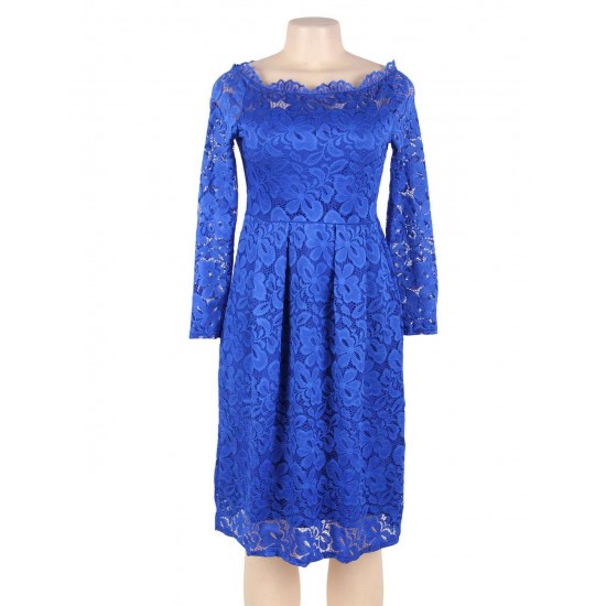 Long Sleeve Scalloped Blue Lace Midi Dress