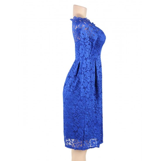 Long Sleeve Scalloped Blue Lace Midi Dress