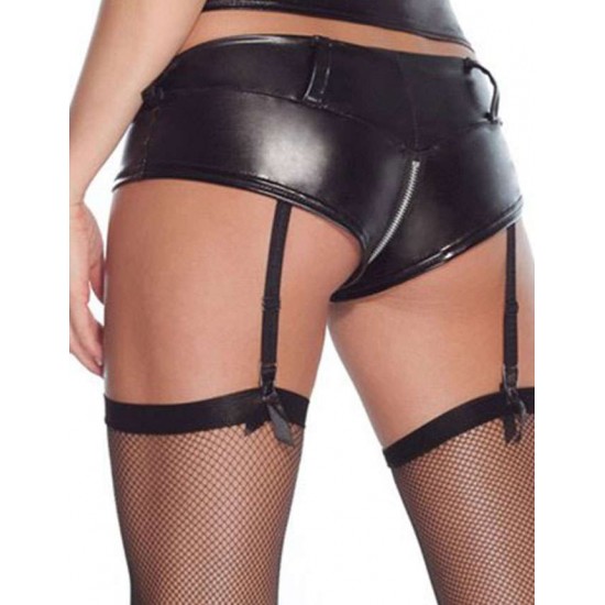 Plus Size Leather Zipper Black Garter Panty