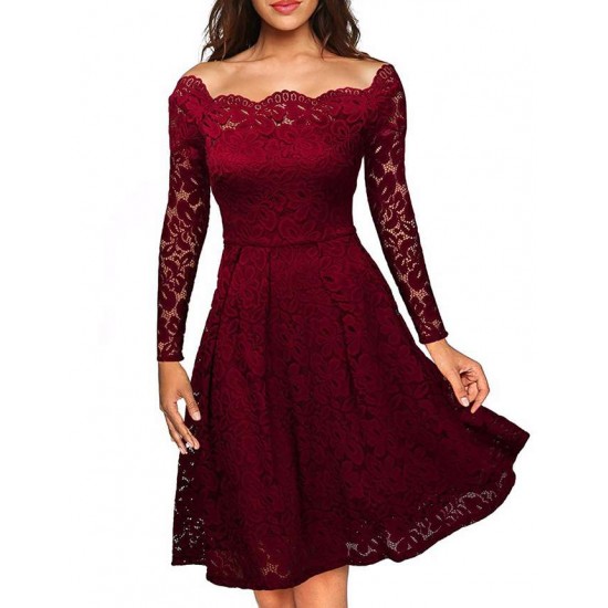 Red Lace Long Sleeve Off Shoulder Dress