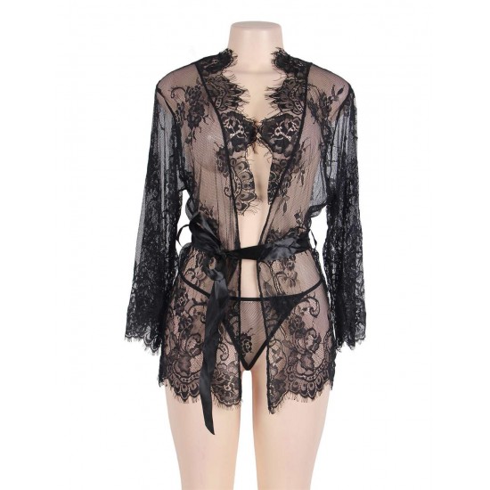 Black Belted Lace Kimono Sleepwear 