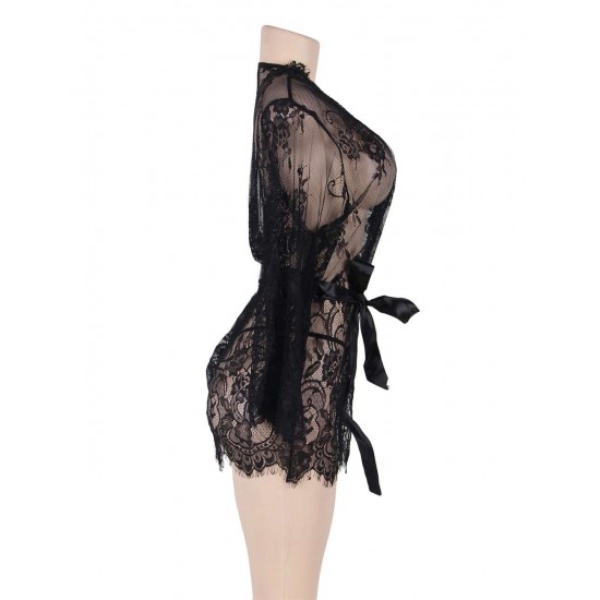 Black Belted Lace Kimono Sleepwear 