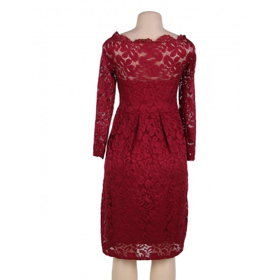 Plus Size Red Lace Long Sleeve Off Shoulder Dress