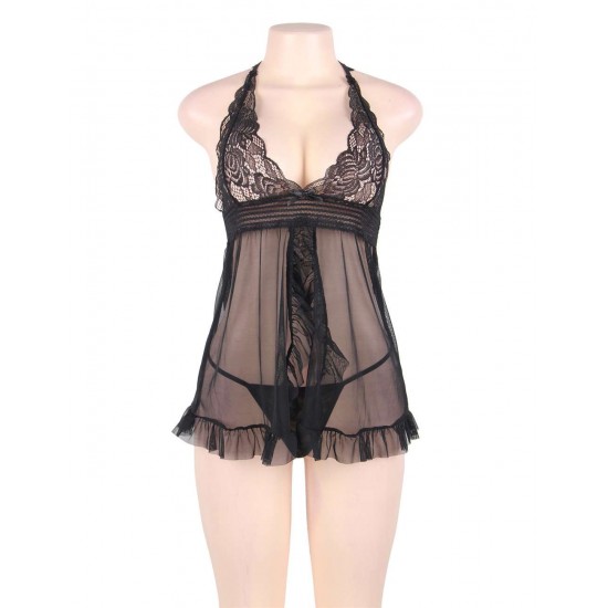 Black Sheer Mesh Halter Lingerie Set