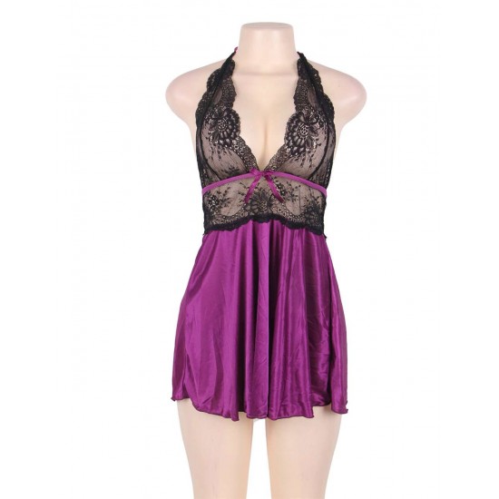 Halter Purple And Black Lace Babydoll Set