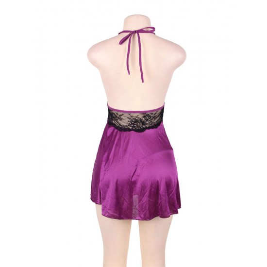 Halter Purple And Black Lace Babydoll Set