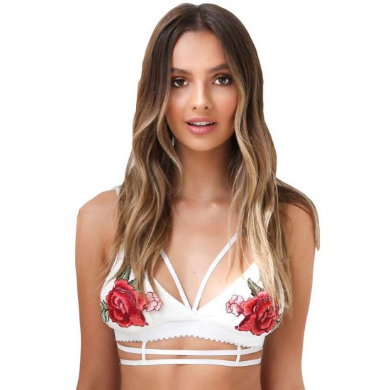 Rose Embroidery White Double Caged Bralette