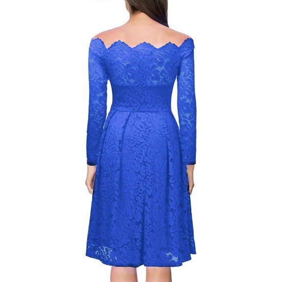 Long Sleeve Scalloped Blue Lace Midi Dress