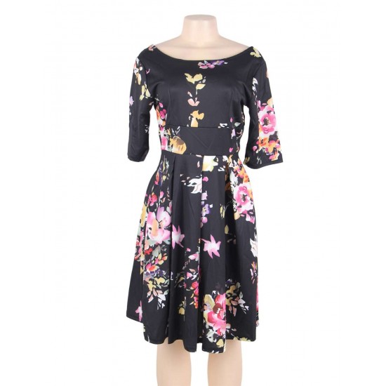 Half Sleeve Black Vintage Style Floral Swing Dress