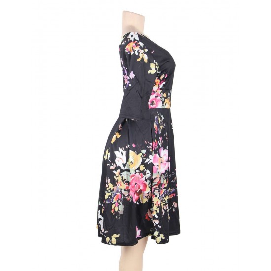 Half Sleeve Black Vintage Style Floral Swing Dress