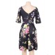 Half Sleeve Black Vintage Style Floral Swing Dress