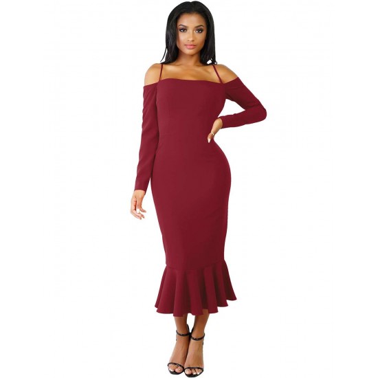 Ruffle Off-Shoulder Midi Dark Red Bodycon Dress