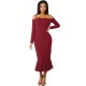 Ruffle Off-Shoulder Midi Dark Red Bodycon Dress