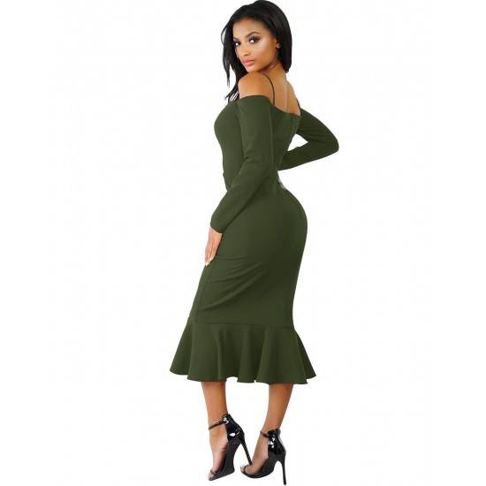 Ruffle Off-Shoulder Midi Dark Green Bodycon Dress