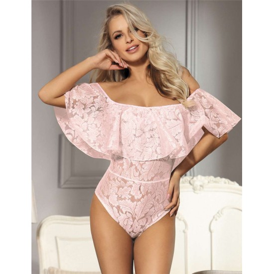 Plus Size Pink Lace Ruffle Off-The-Shoulder Teddy