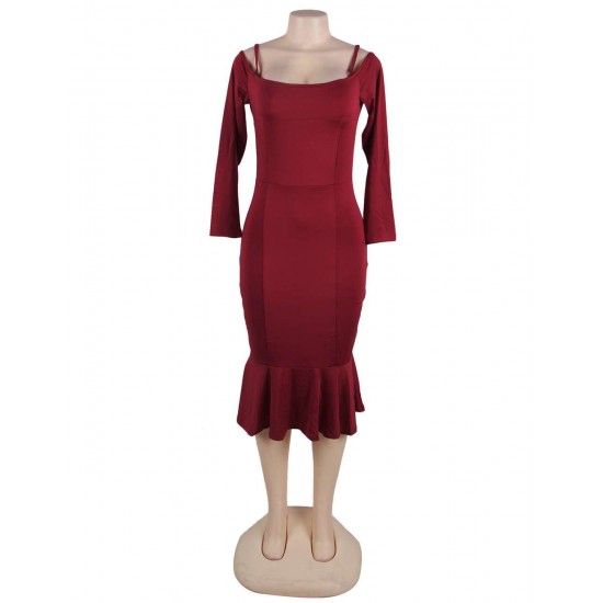 Ruffle Off-Shoulder Midi Dark Red Bodycon Dress