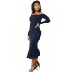 Ruffle Off-Shoulder Midi Dark Blue Bodycon Dress