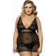 Black Plus Size V Neck Transparent Floral Lace Babydoll