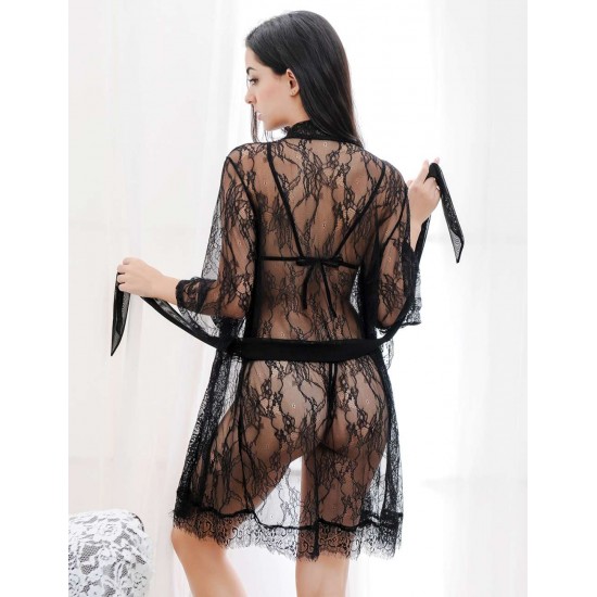 Eyelash Black Lace Sleepwear Lingerie Set