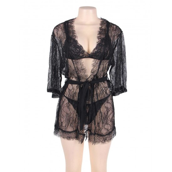 Eyelash Black Lace Sleepwear Lingerie Set