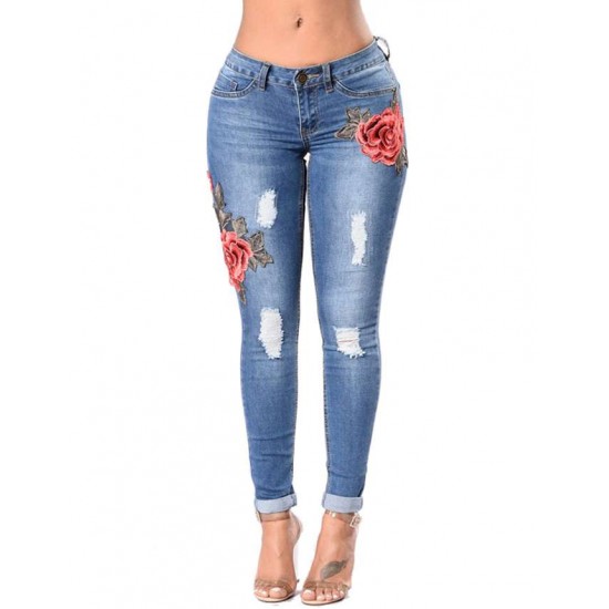 Top Design Embroidery  Ripped Women Jeans 