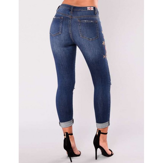 Plus Size Top Design Embroidery  Ripped Women Jeans 