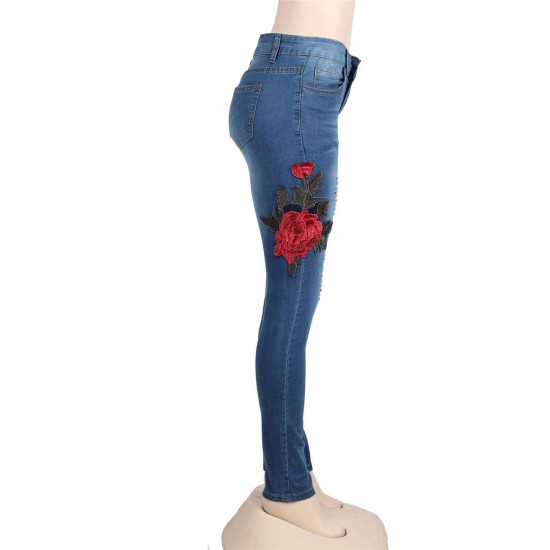 Top Design Embroidery  Ripped Women Jeans 