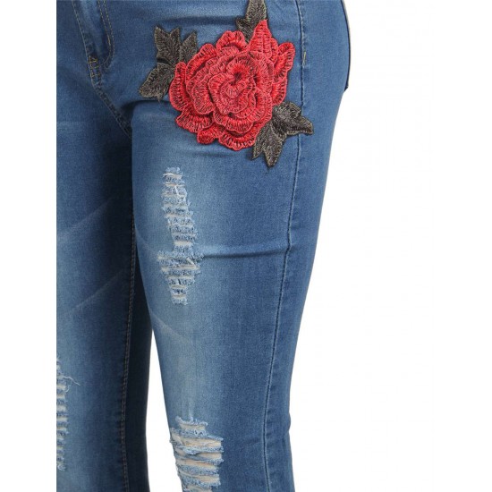 Plus Size Top Design Embroidery  Ripped Women Jeans 