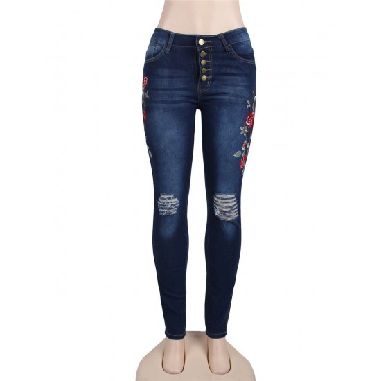 Top Design Embroidery  Ripped Women Jeans 