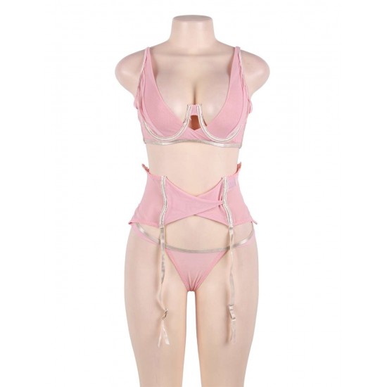 Plus Size Seductive Pink 3 Piece Delicate Lace Bra Garter Set