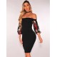 Black Off-Shoulder Embroidery Bodycon Dress