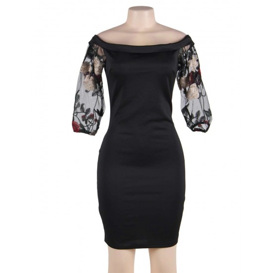 Black Off-Shoulder Embroidery Bodycon Dress