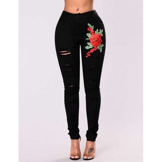 Top Design Embroidery  Ripped Women Jeans 