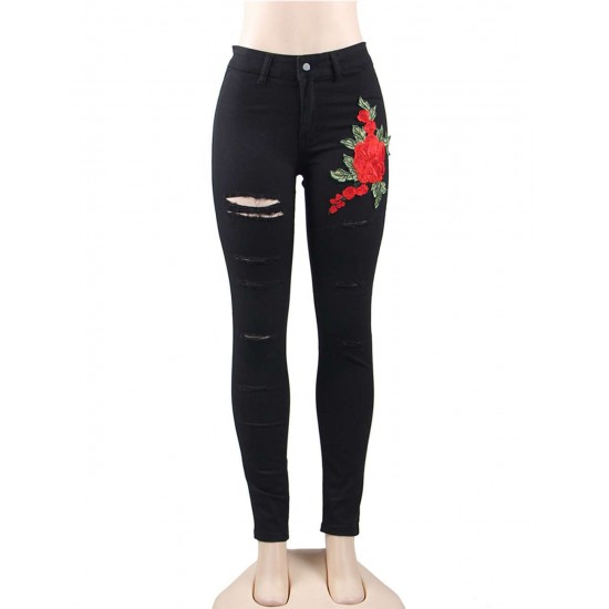 Top Design Embroidery  Ripped Women Jeans 