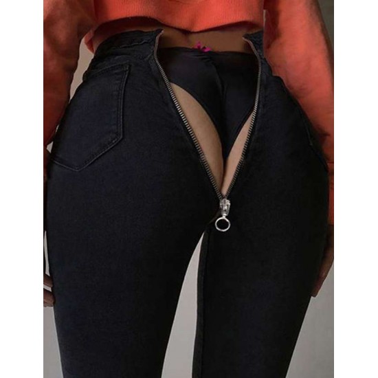 Black high waist bag hip zipper sexy jeans