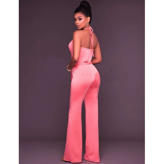 Pink Wide Leg Halter Jumpsuit