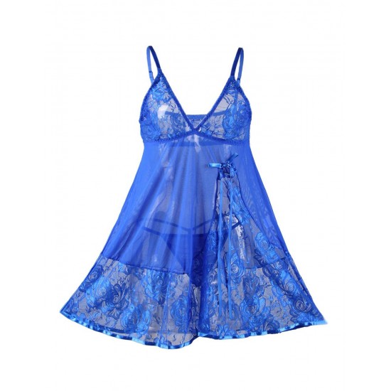 Floral Soft Lace Apron Chemise With Thong