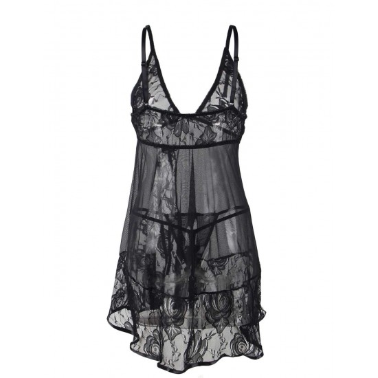 Floral Soft Lace Apron Chemise With Thong