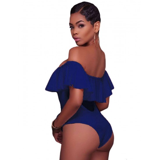 Blue Ruffle Off-The-Shoulder One Piece Swimsuit