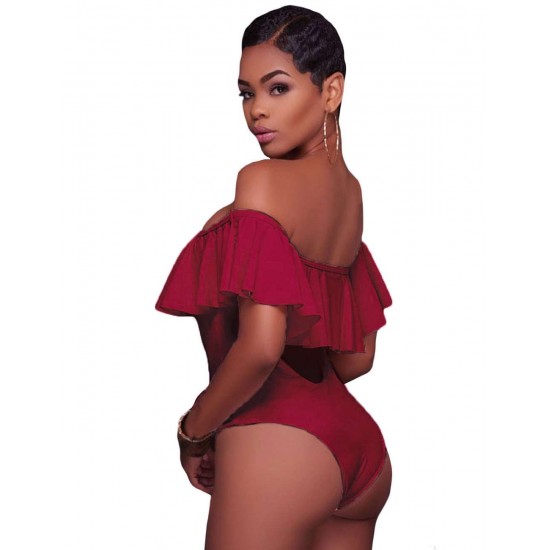 Red Ruffle Off-The-Shoulder One Piece Swimsuit