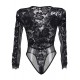 Plus Size Black Eyelashes Lace Open-chest Long-sleeved Teddy