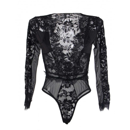 Black Eyelashes Lace Open-chest Long-sleeved Teddy