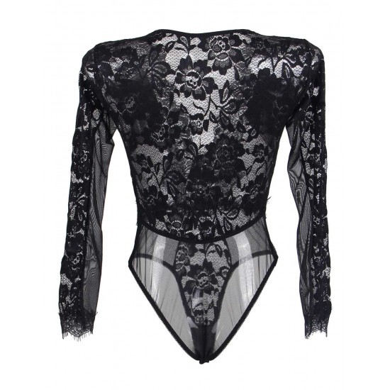 Black Eyelashes Lace Open-chest Long-sleeved Teddy