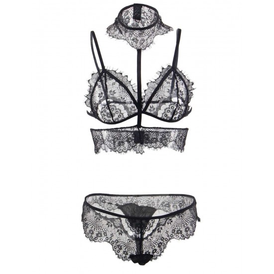 Plus Size Black Seductive Strappy Choker Lace Bra Set